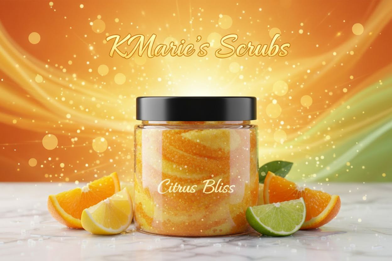 citrus bliss sugar scrub image with background and animation add KMarie's Scrubs in text