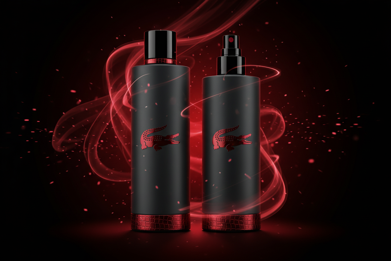 red crocodile men's lotion and spray sey image with backgroun and animation