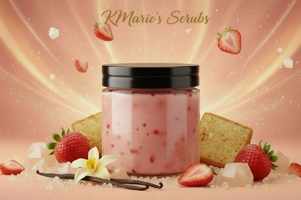 strawberry poundcake sugar scrub image with background and animation add text KMarie's Scrubs