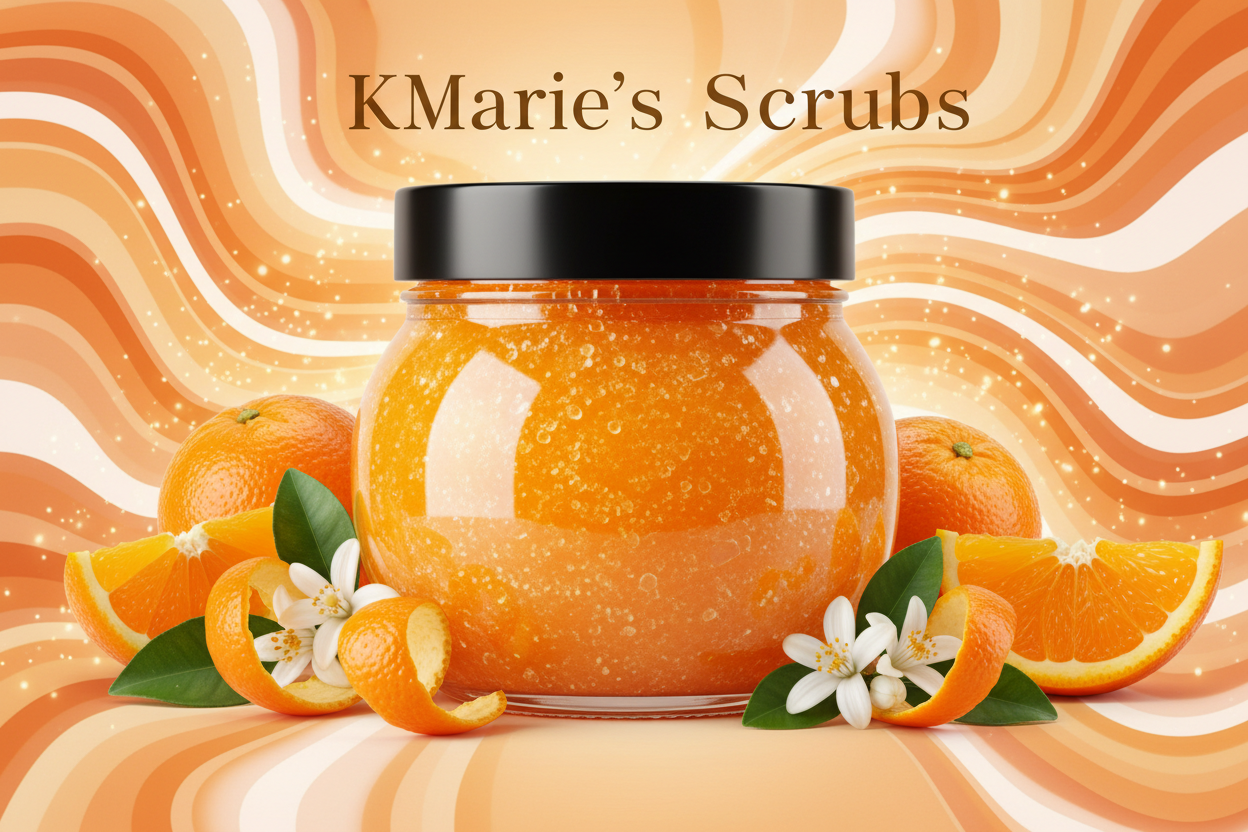 sweet orange sugar scrub image with a background and animation with a black lid add text to say KMarie's Scrubs